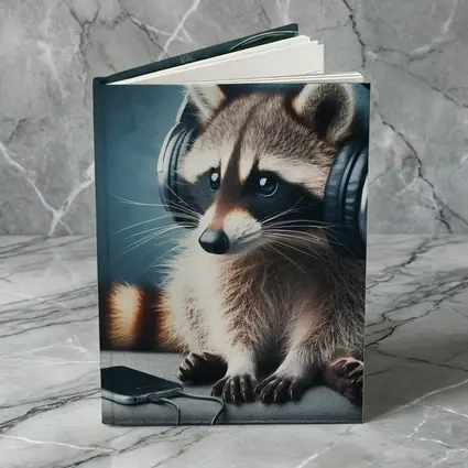 Raccoon Wearing Headphones on Gray Couch