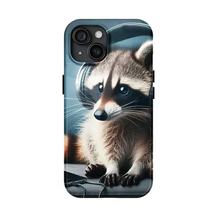 Raccoon Wearing Headphones on Gray Couch