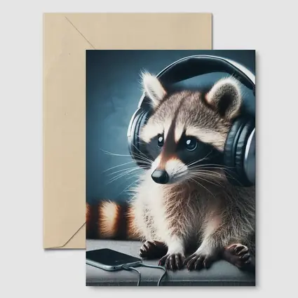 Raccoon Wearing Headphones on Gray Couch