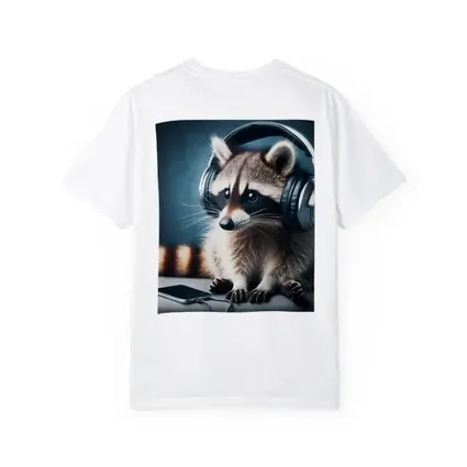 Raccoon Wearing Headphones on Gray Couch