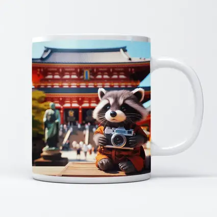 Raccoon Tourist Holding Camera Japanese Temple