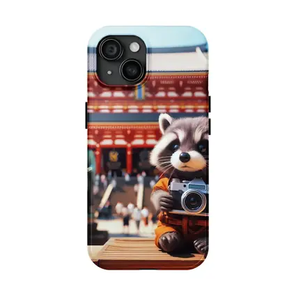 Raccoon Tourist Holding Camera Japanese Temple