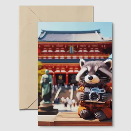 Raccoon Tourist Holding Camera Japanese Temple