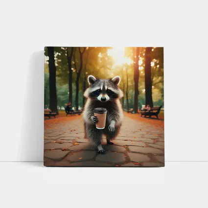 Raccoon With Coffee Cup In Autumn Park