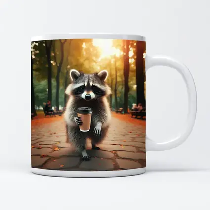 Raccoon With Coffee Cup In Autumn Park