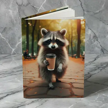Raccoon With Coffee Cup In Autumn Park