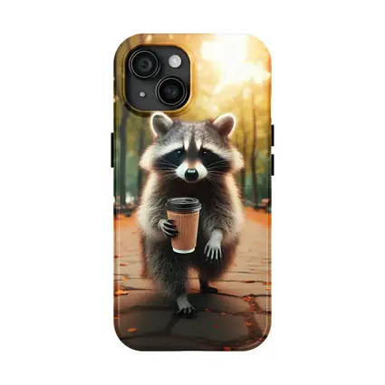 Raccoon With Coffee Cup In Autumn Park