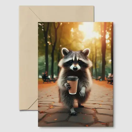 Raccoon With Coffee Cup In Autumn Park