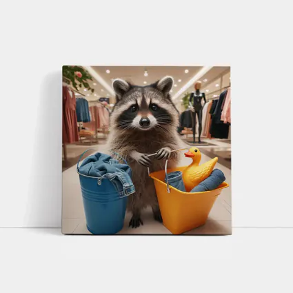 Raccoon Shopping With Buckets In Store