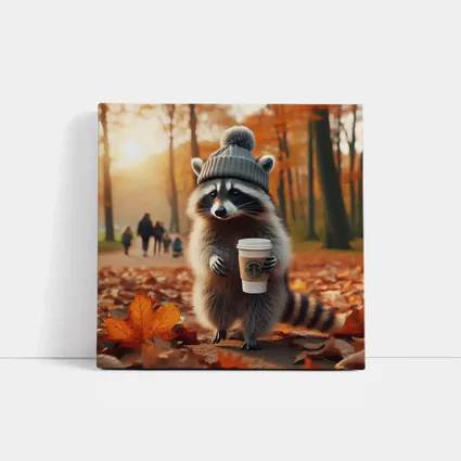 Raccoon With Coffee Autumn Park Scene
