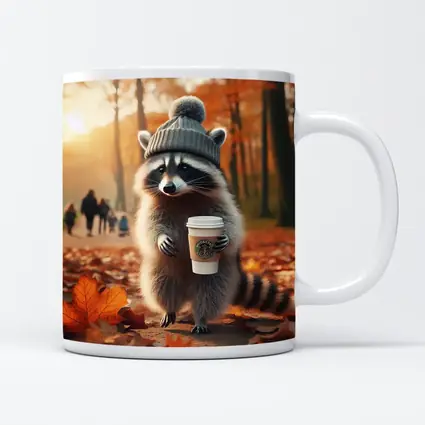 Raccoon With Coffee Autumn Park Scene