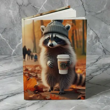 Raccoon With Coffee Autumn Park Scene