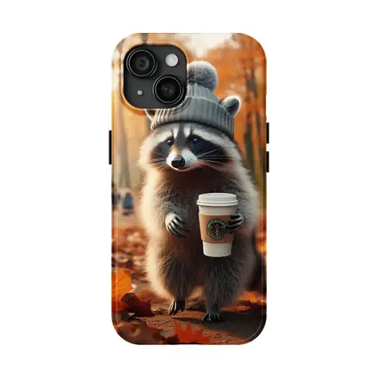 Raccoon With Coffee Autumn Park Scene