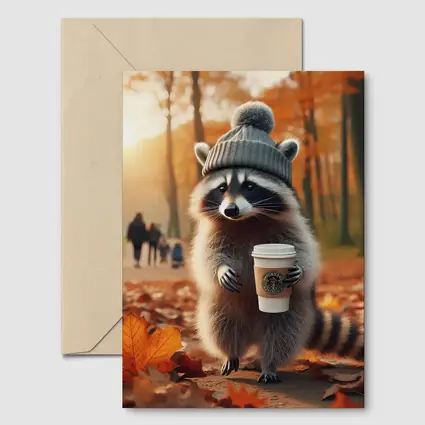 Raccoon With Coffee Autumn Park Scene