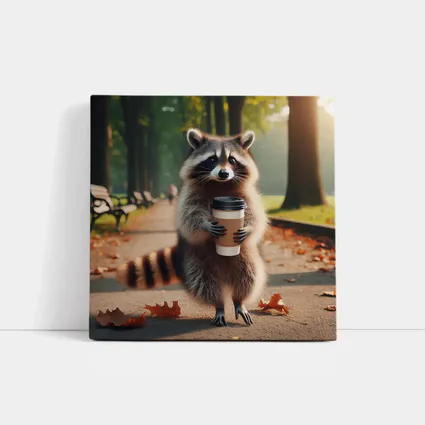 Raccoon Holding Coffee Cup Autumn Park