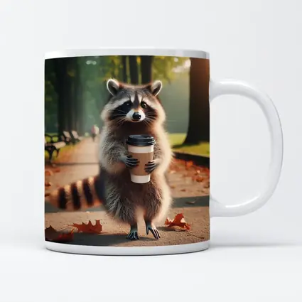 Raccoon Holding Coffee Cup Autumn Park