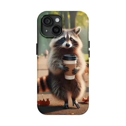 Raccoon Holding Coffee Cup Autumn Park
