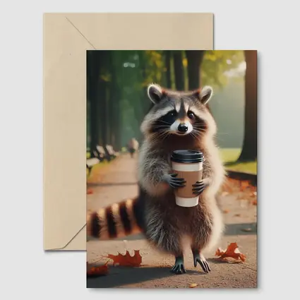 Raccoon Holding Coffee Cup Autumn Park