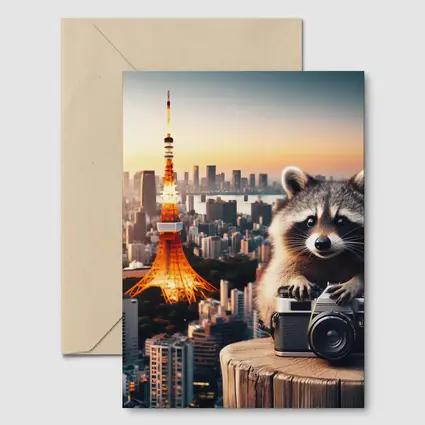 Raccoon Photographer Tokyo Tower Skyline Sunset