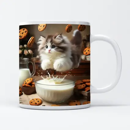 Fluffy Kitten Jumping Into Milk Bowl Cookies