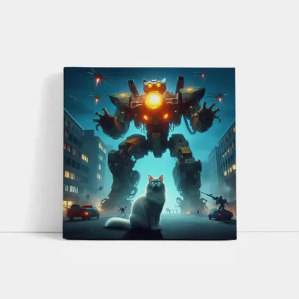 White Cat Giant Mech Robot City Night
