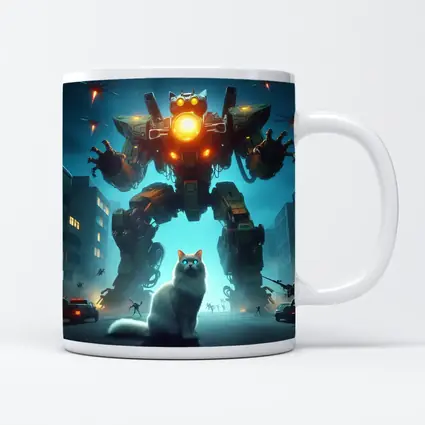 White Cat Giant Mech Robot City Night