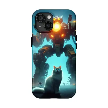 White Cat Giant Mech Robot City Night