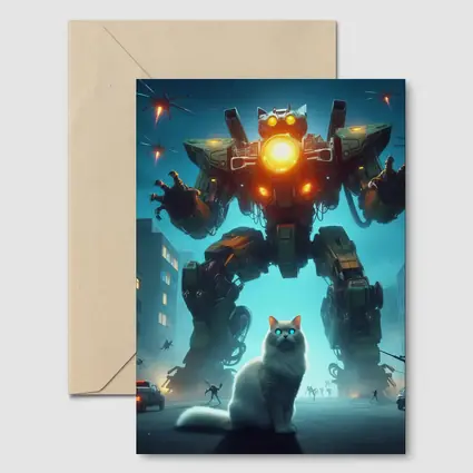 White Cat Giant Mech Robot City Night