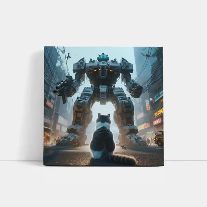 Cat Faces Giant Mech Robot City Street