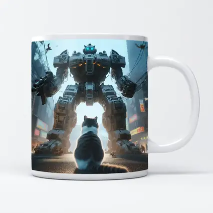 Cat Faces Giant Mech Robot City Street
