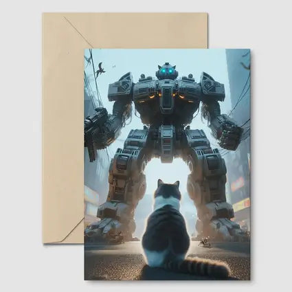 Cat Faces Giant Mech Robot City Street