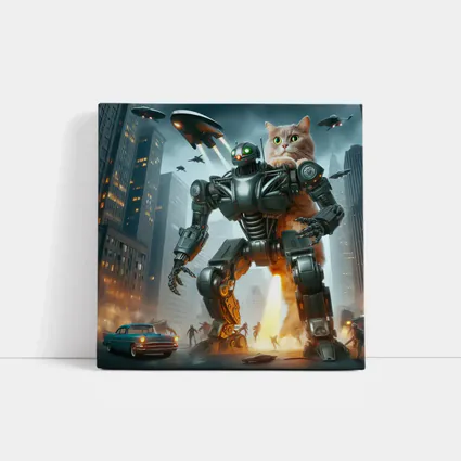 Giant Cat Robot Attacks Futuristic City