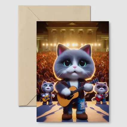 Cute Gray Cat Playing Guitar On Stage
