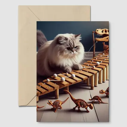 Persian Cat Playing Xylophone With Dinosaurs