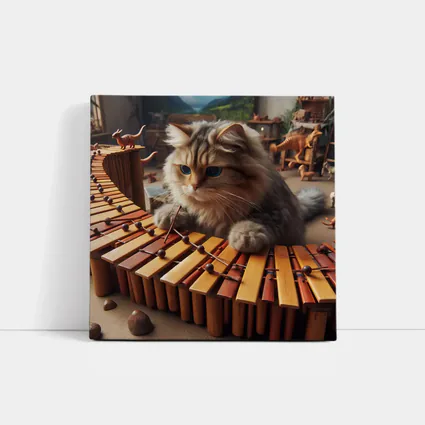 Fluffy Cat Playing Marimba Wooden Toys Background