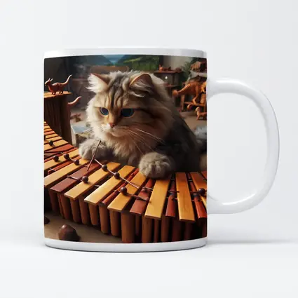 Fluffy Cat Playing Marimba Wooden Toys Background