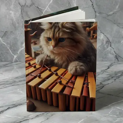Fluffy Cat Playing Marimba Wooden Toys Background