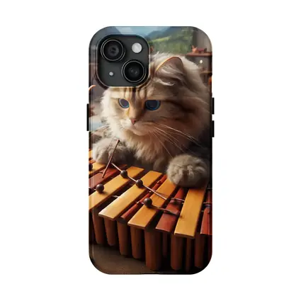Fluffy Cat Playing Marimba Wooden Toys Background