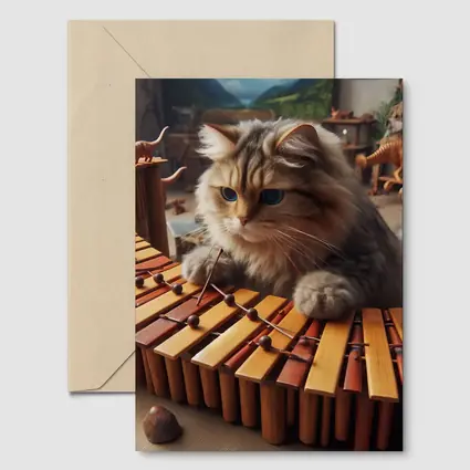 Fluffy Cat Playing Marimba Wooden Toys Background