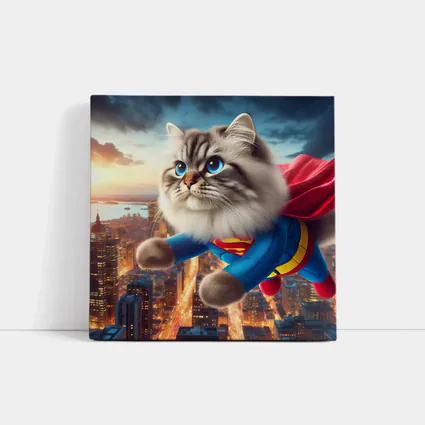 Birman Cat Superman Flying Over City