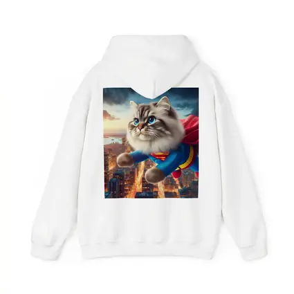 Birman Cat Superman Flying Over City