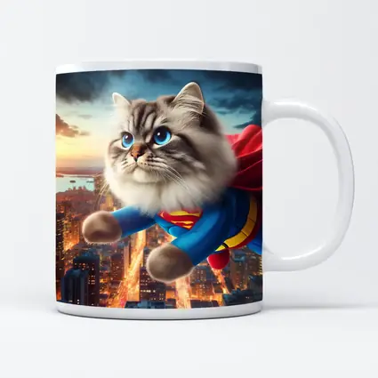 Birman Cat Superman Flying Over City