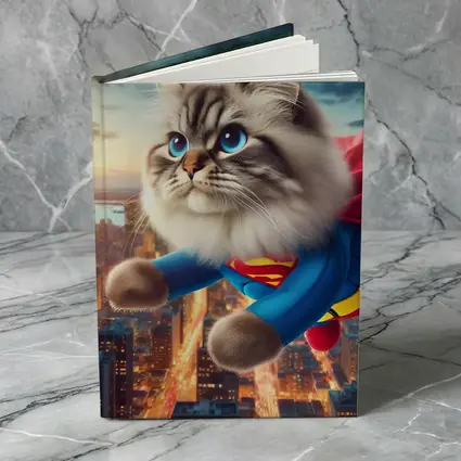 Birman Cat Superman Flying Over City