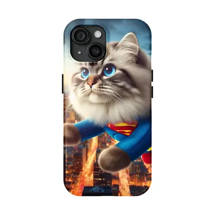 Birman Cat Superman Flying Over City