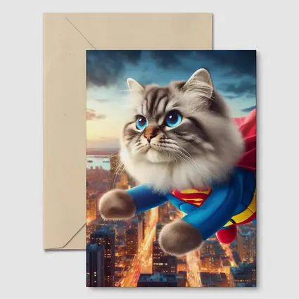Birman Cat Superman Flying Over City