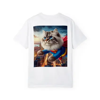 Birman Cat Superman Flying Over City