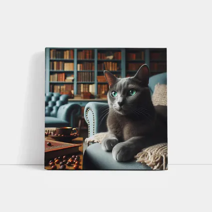 Russian Blue Cat Cozy Library Room