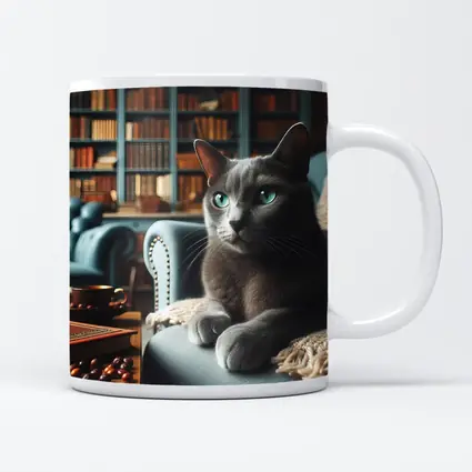 Russian Blue Cat Cozy Library Room