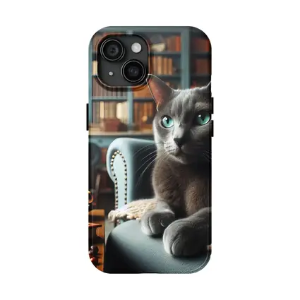 Russian Blue Cat Cozy Library Room