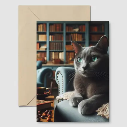Russian Blue Cat Cozy Library Room
